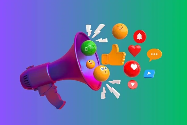 A megaphone surrounded by positive and negative emojis, representing the concept of social media sentiment analysis, social listening.