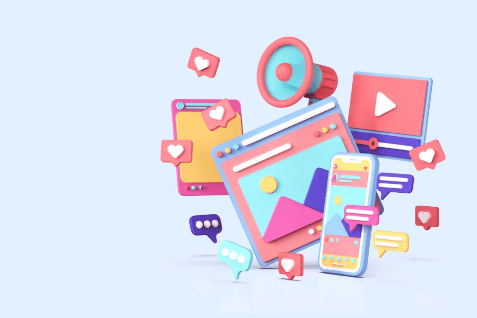 3D illustration of social media icons, including a smartphone, website browser, and speech bubbles with likes and comments, representing online engagement and digital communication.