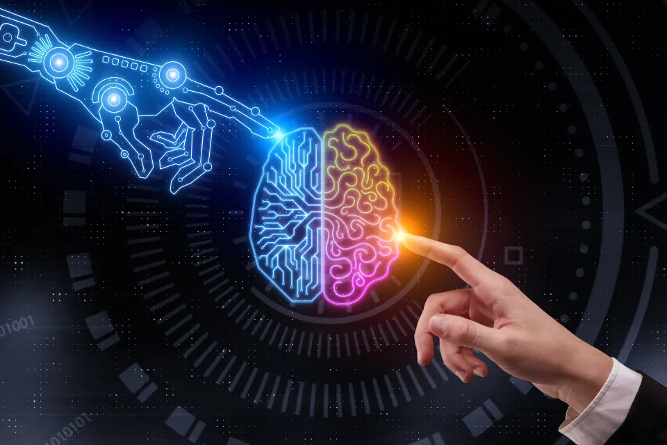 An artistic representation of AI and human collaboration: a robotic hand and a human hand reaching toward a glowing brain, half digital and half organic, symbolizing the integration of artificial intelligence and human intelligence.