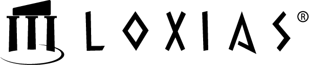 Loxias logo: black stylized Greek temple columns with an arc beneath, beside the bold geometric wordmark LOXIAS with a registered trademark symbol.