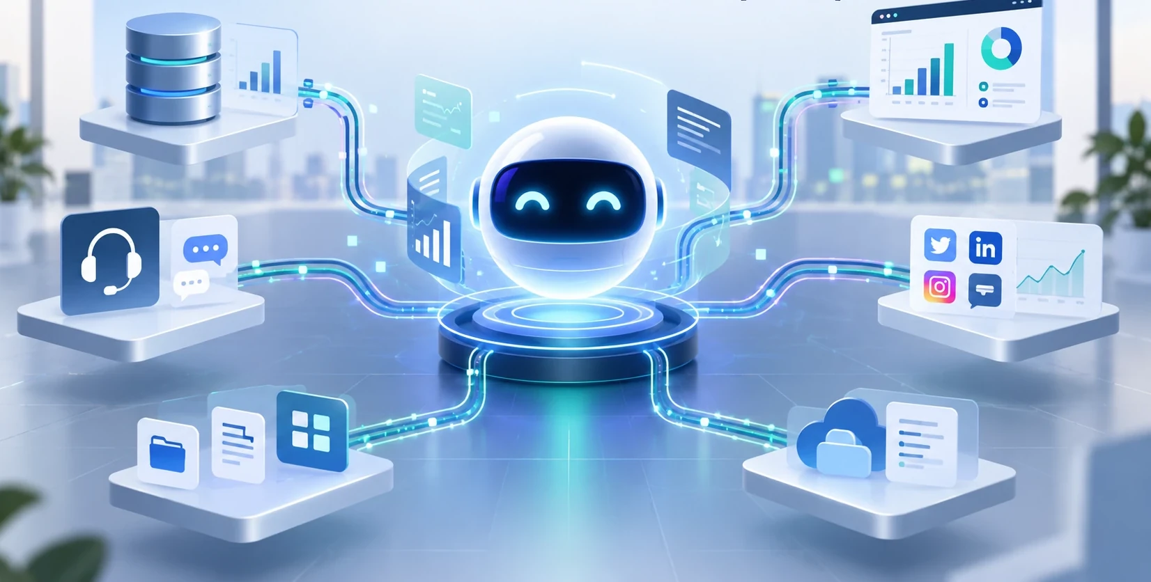 AI assistant connected to multiple enterprise data sources through Model Context Protocol (MCP), including databases, analytics dashboards, customer service systems, social media, documents, and cloud platforms.