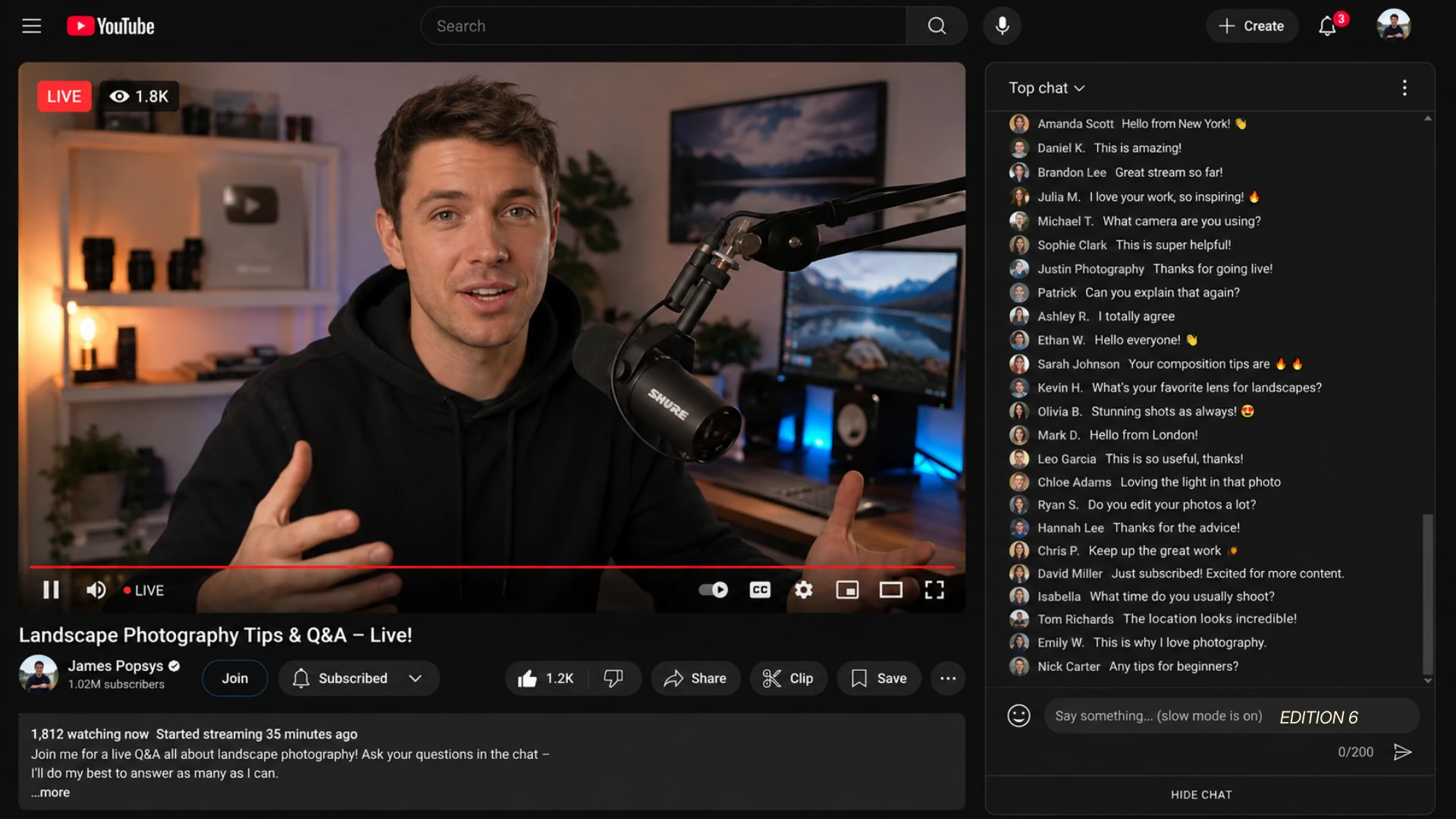 YouTube livestream with an active live chat, illustrating audience reactions and real-time livestream analytics.