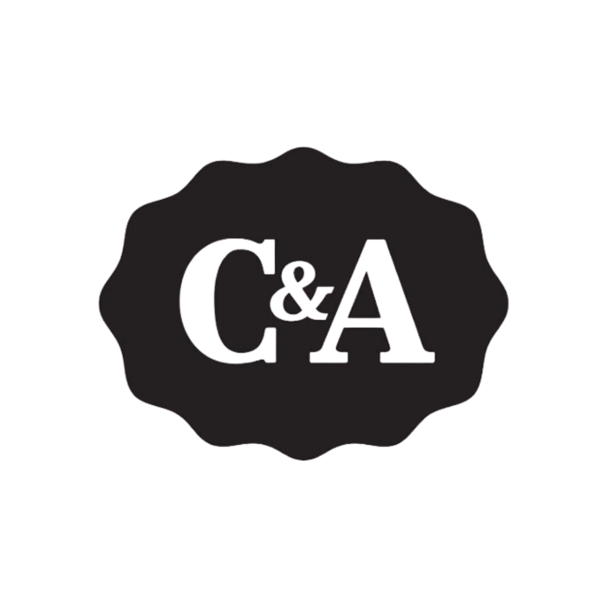 C&A logo: white serif letters C&A on a black wavy-edged badge shape
