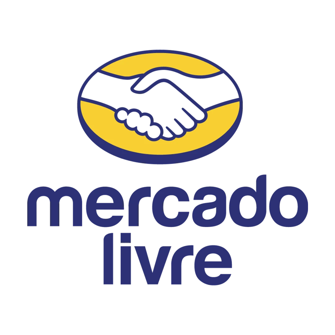 Mercado Livre logo: a white handshake over a yellow oval with navy outline, above the navy mercado livre wordmark